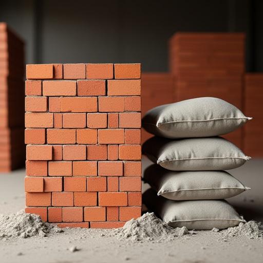 Pila di mattoni e sacchi di cemento